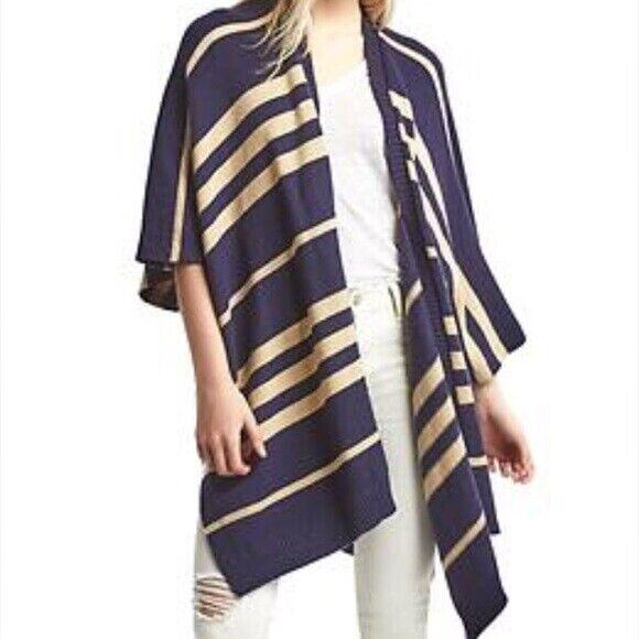 GAP Striped Poncho Sweater Navy Blue Tan Wool Camel Hair Womens OS One Size - Picture 9 of 9